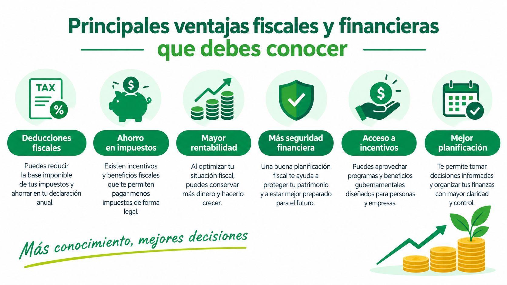 Infografía sobre las principales ventajas fiscales y financieras para una mejor planificación económica y ahorro de impuestos.