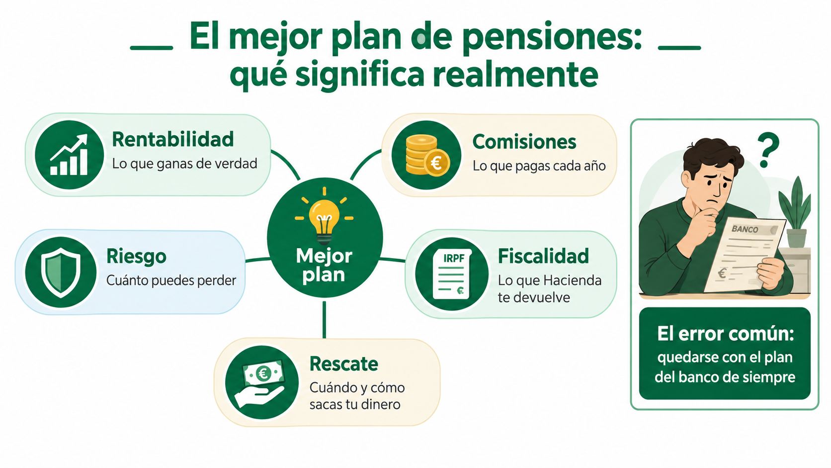 Infografía sobre cómo elegir el mejor plan de pensiones analizando rentabilidad, riesgo, comisiones, fiscalidad y rescate.