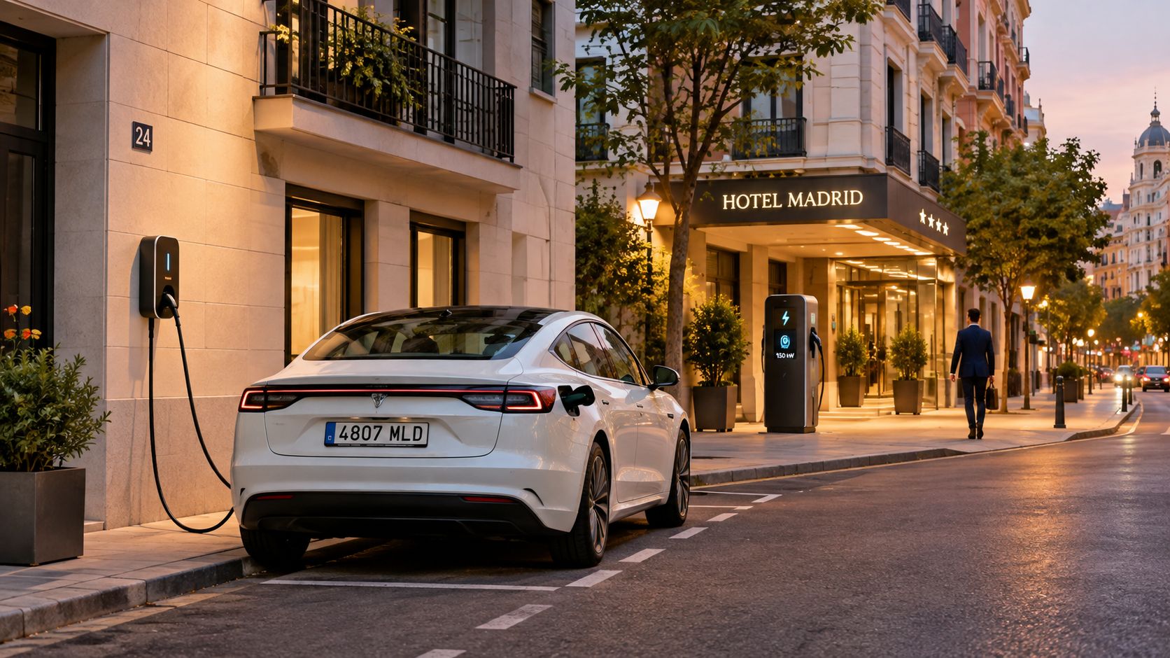 Un coche eléctrico blanco estacionado frente al Hotel Madrid cargándose en un punto de recarga público.