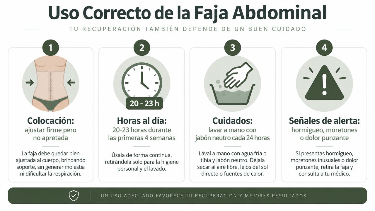 Infografía sobre el uso correcto de la faja abdominal tras una cirugía para una recuperación efectiva.