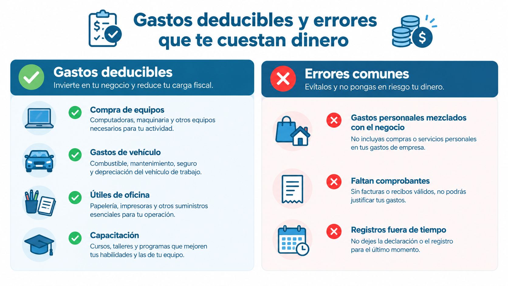 Infografía sobre gastos deducibles y errores comunes que los autónomos deben evitar al gestionar su contabilidad.