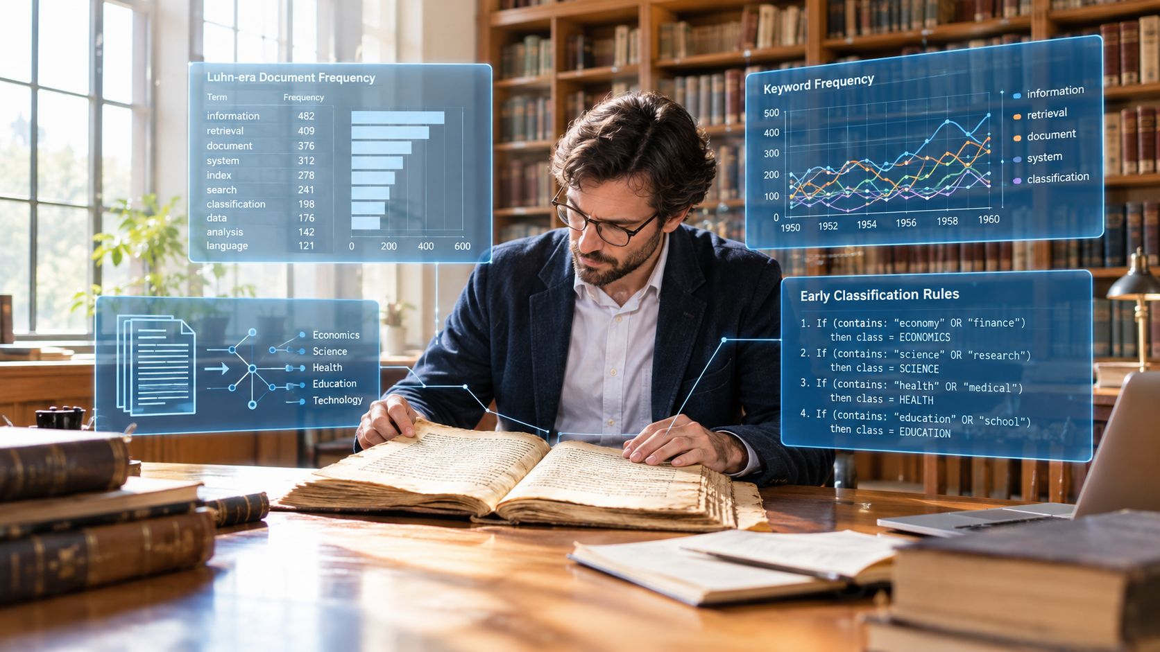 A professional researcher analyzing a historical book while digital overlays visualize document classification and keyword frequency data.