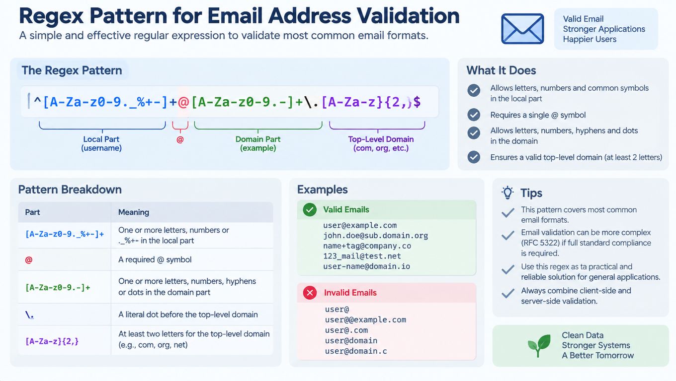 A visual guide explaining a simple regular expression pattern for validating common email address formats effectively.