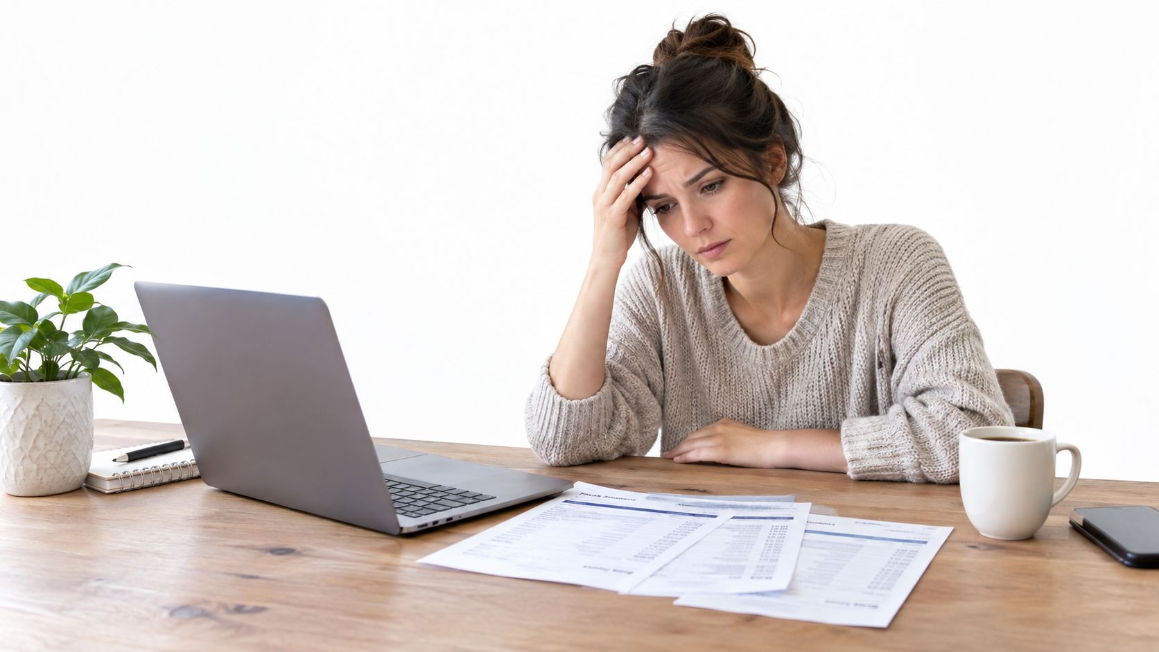 Mujer estresada trabajando en su escritorio con documentos financieros y una laptop, representando una conciliación bancaria.