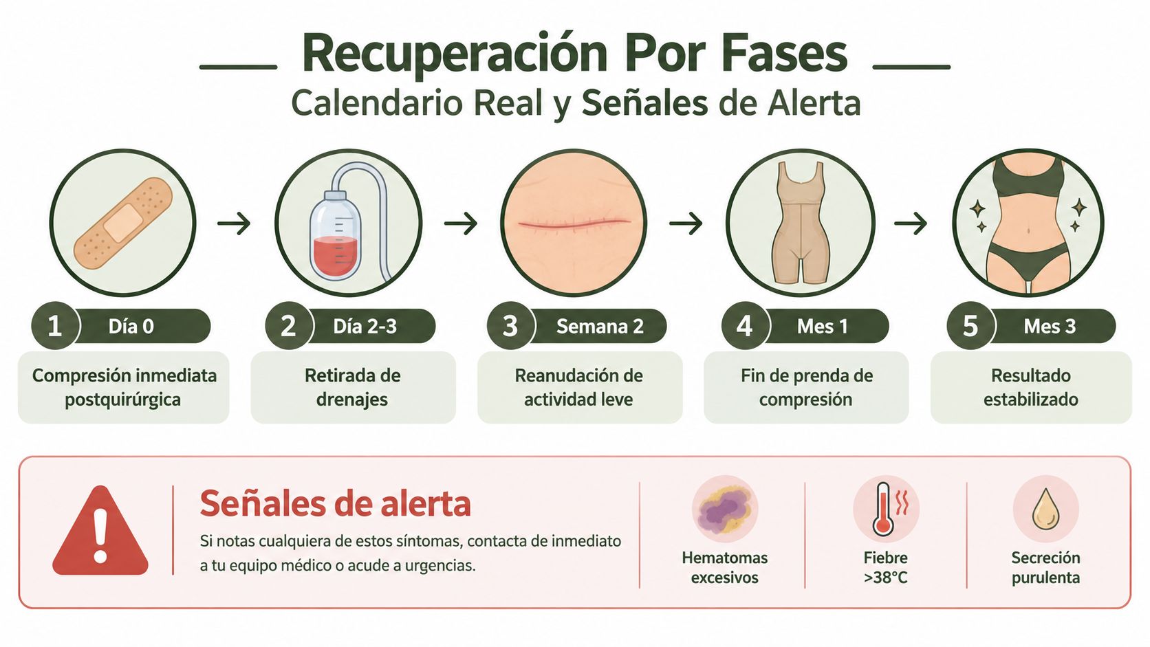 Infografía mostrando las fases de recuperación postquirúrgica, calendario de cuidados y señales de alerta médica importantes.
