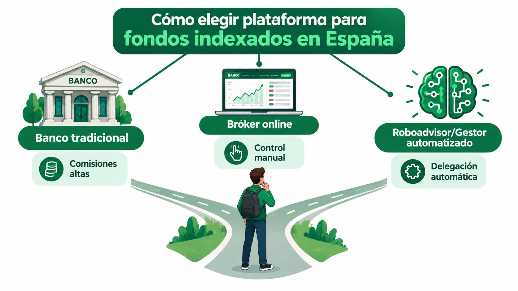 Ilustración que compara las tres opciones principales para invertir en fondos indexados dentro de España.