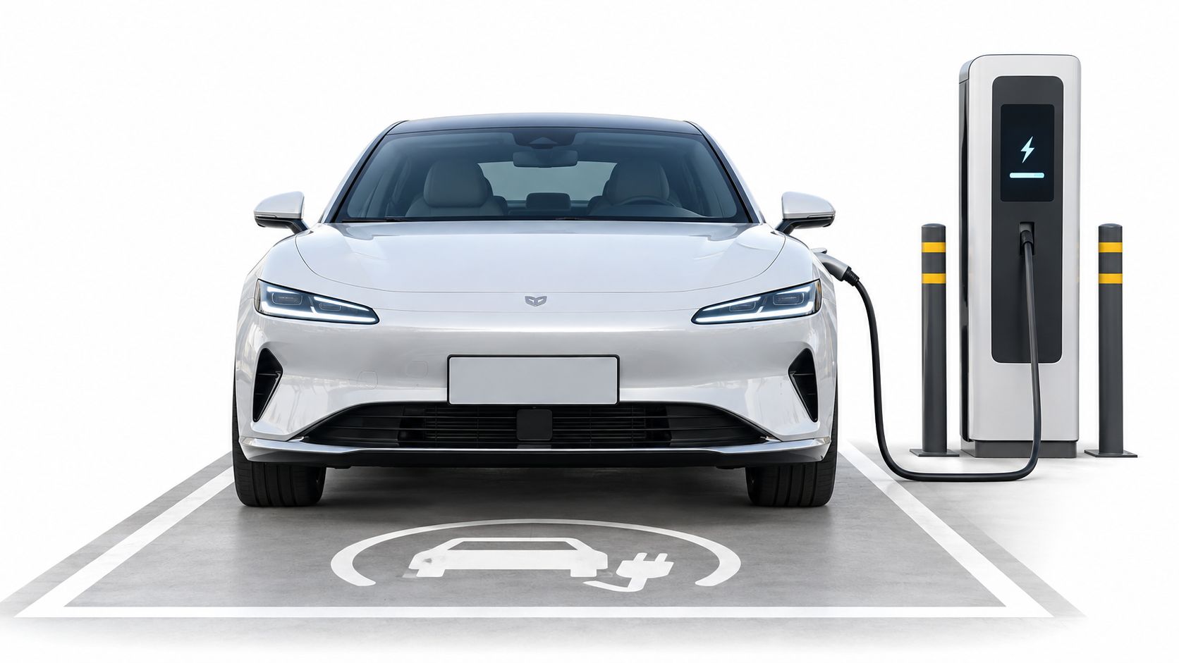 Un coche eléctrico blanco estacionado y conectándose a una estación de carga pública en la calle.