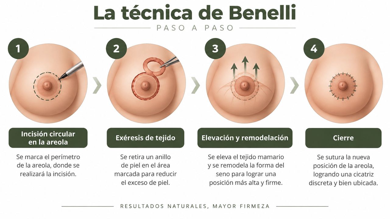 Diagrama paso a paso que ilustra la técnica de mastopexia periareolar para elevar y remodelar el pecho.