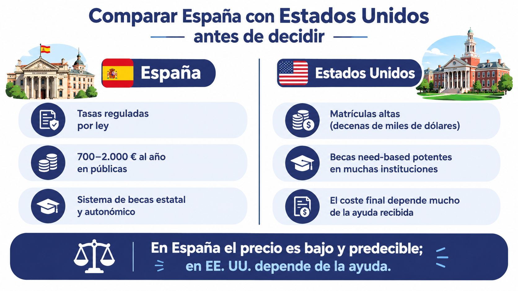 Comparativa de costes universitarios entre España y Estados Unidos para ayudar en la elección educativa.