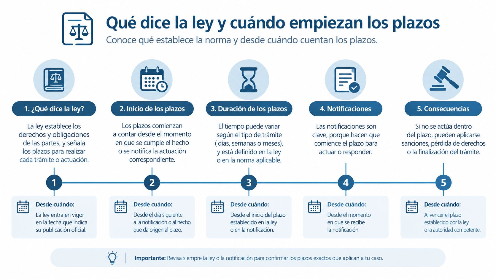 Infografía explicativa sobre el marco legal, los plazos, las notificaciones y las consecuencias legales en procedimientos administrativos.
