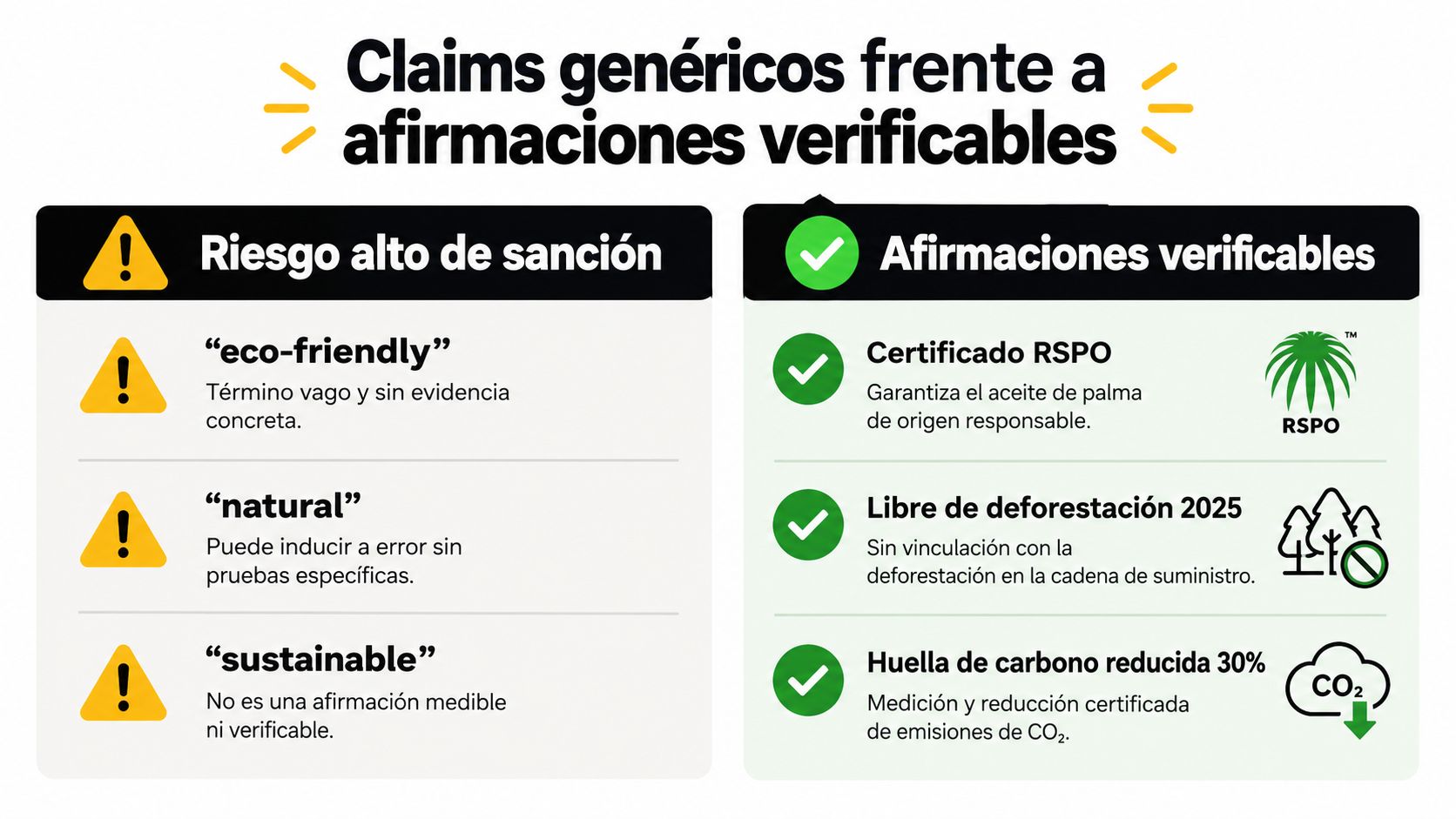 Infografía comparativa entre claims genéricos de riesgo alto y afirmaciones verificables para empresas responsables.