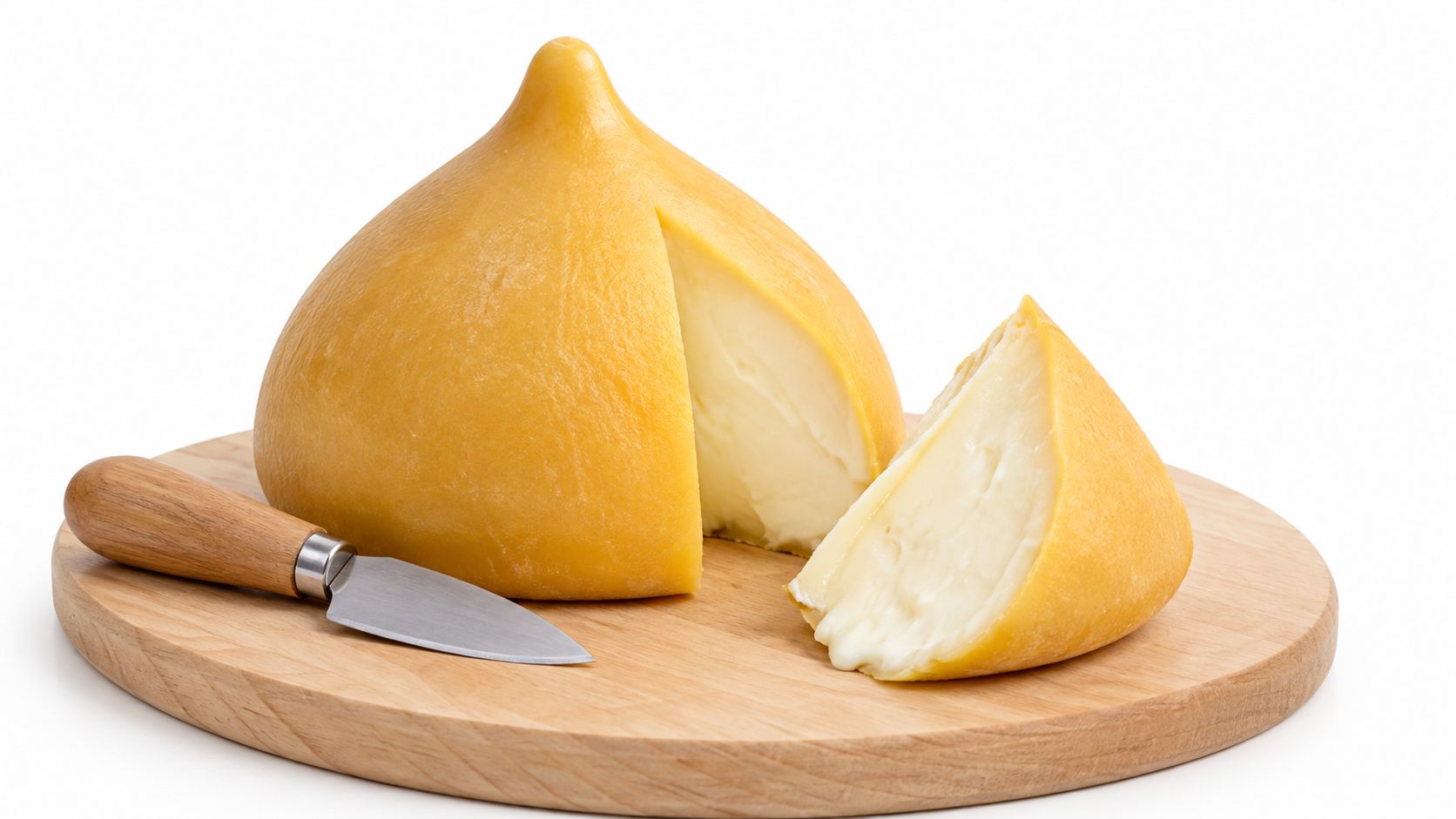 A creamy, tear-shaped Scamorza cheese cut into wedges and placed on a wooden cutting board with a knife.