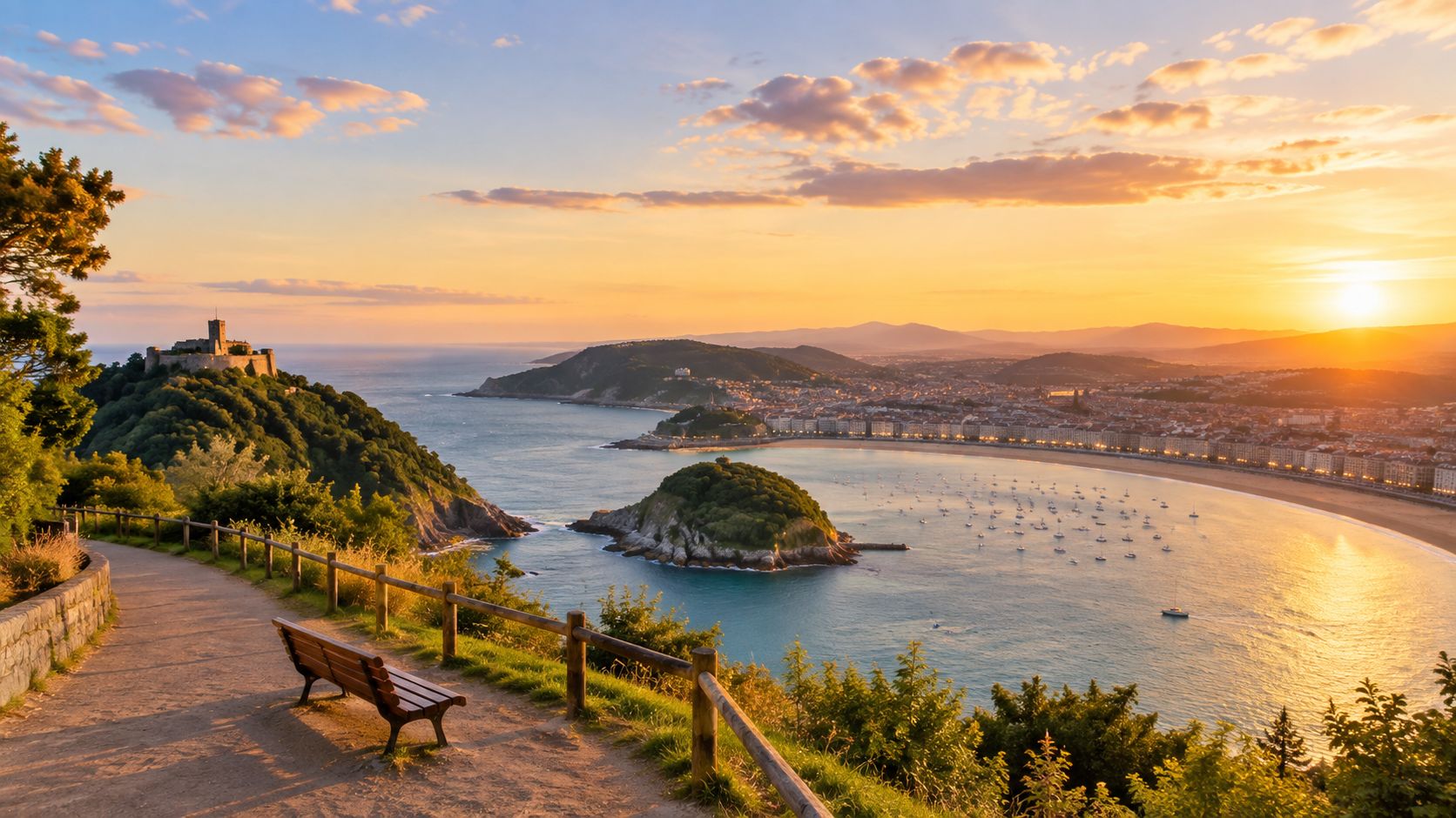 A scenic sunset view from a high cliff overlooking San Sebastian, Spain, featuring a historic castle.
