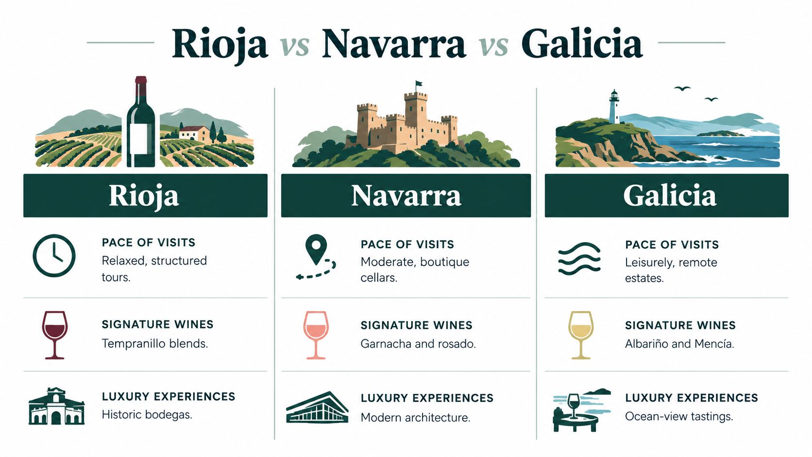 A comparison infographic featuring wine tourism in the Spanish regions of Rioja, Navarra, and Galicia.