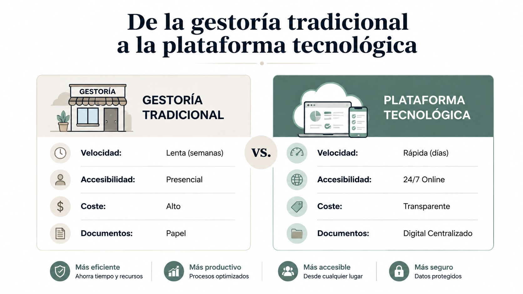 Comparativa entre una gestoría tradicional presencial y una plataforma tecnológica digital para optimizar procesos y documentos.
