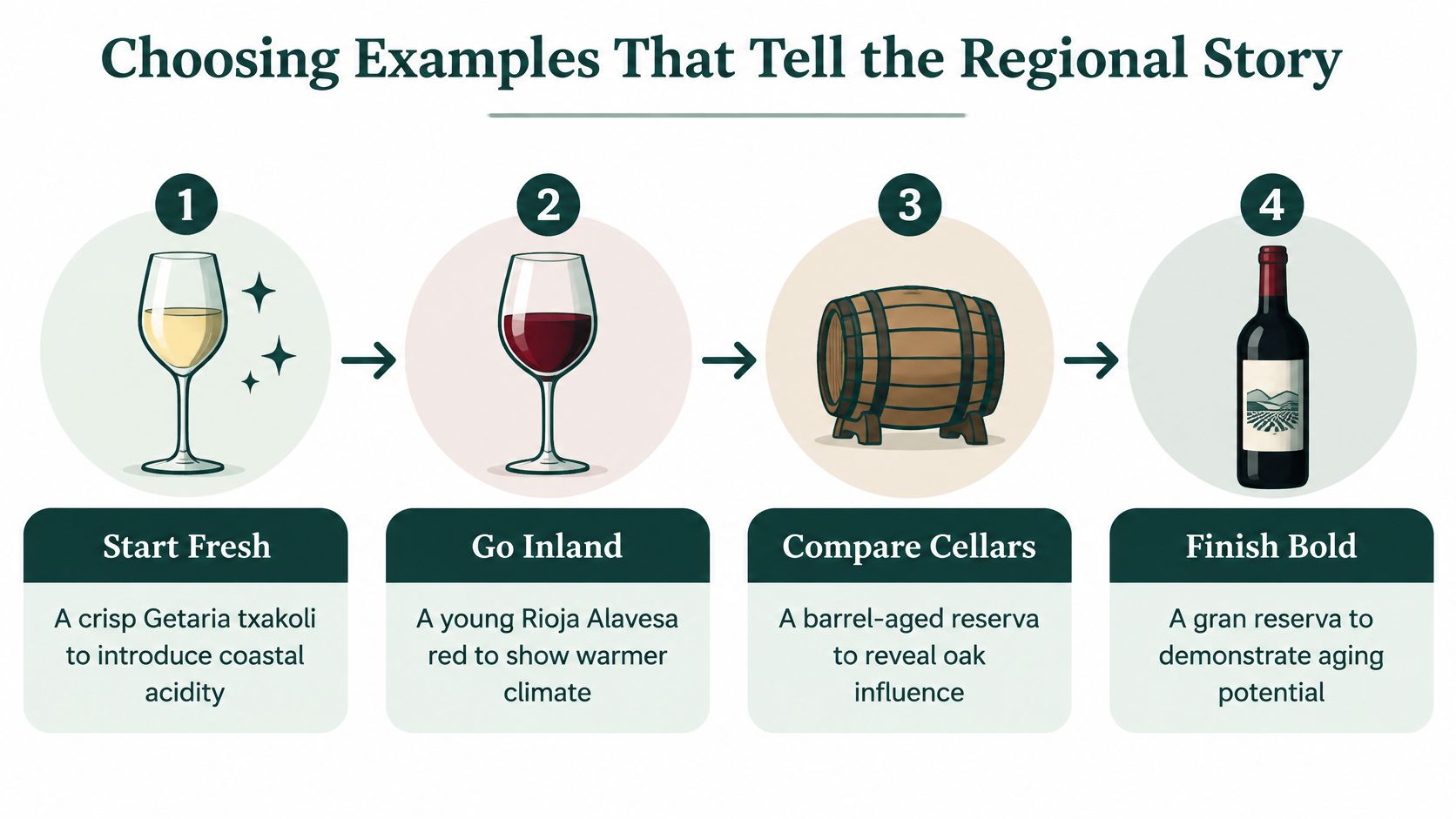 An infographic illustrating four stages of choosing wines to tell a story about the Basque Country region.