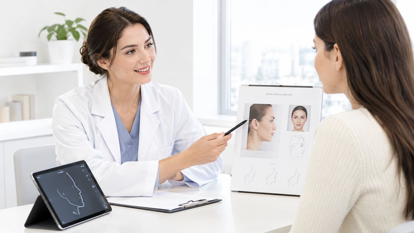 Una doctora explica los tratamientos para la papada a una paciente durante una consulta estética profesional.