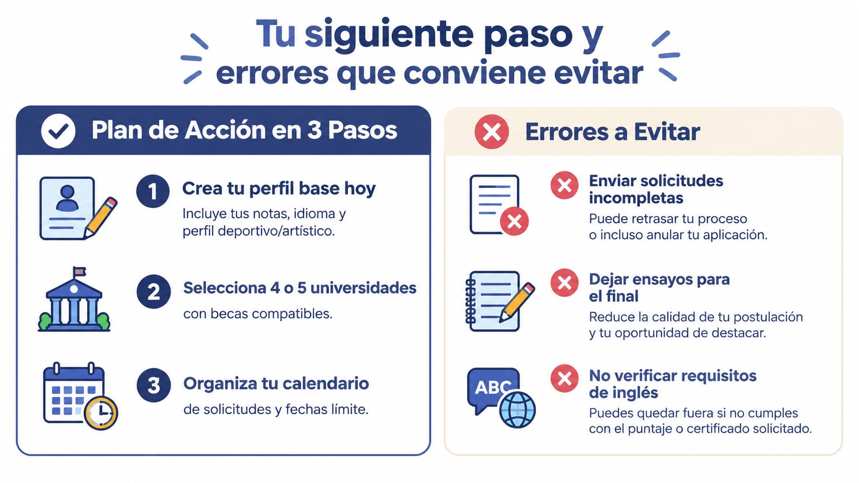 Infografía sobre plan de acción en tres pasos y errores comunes al solicitar becas universitarias.