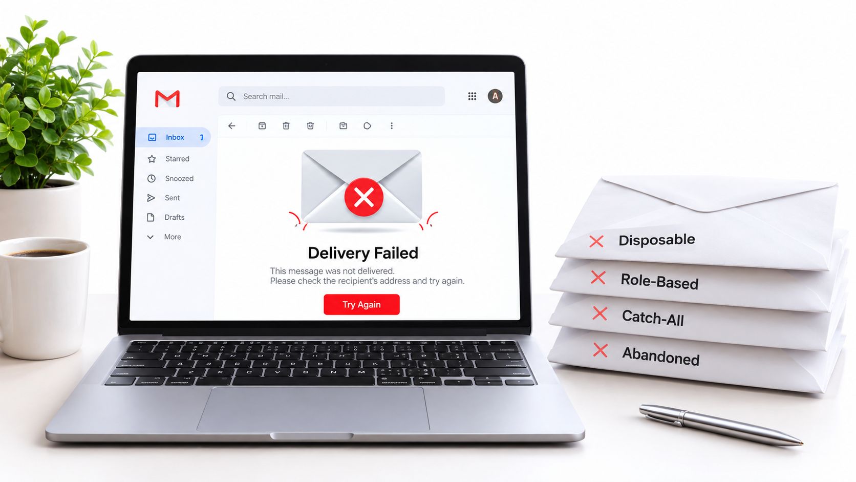 A laptop on a desk showing a failed email delivery notice next to a stack of envelopes.