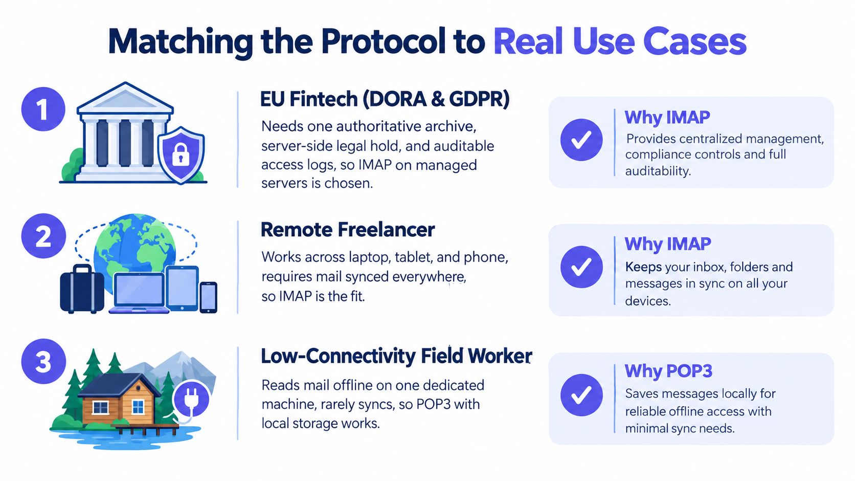 A comparison infographic showing use cases for choosing IMAP or POP3 email protocols based on user needs.