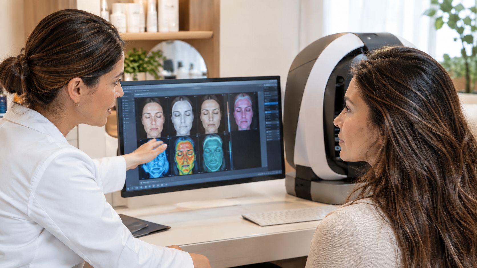 Dermatológa analizando escaneos faciales de la piel con una paciente en una consulta estética profesional.