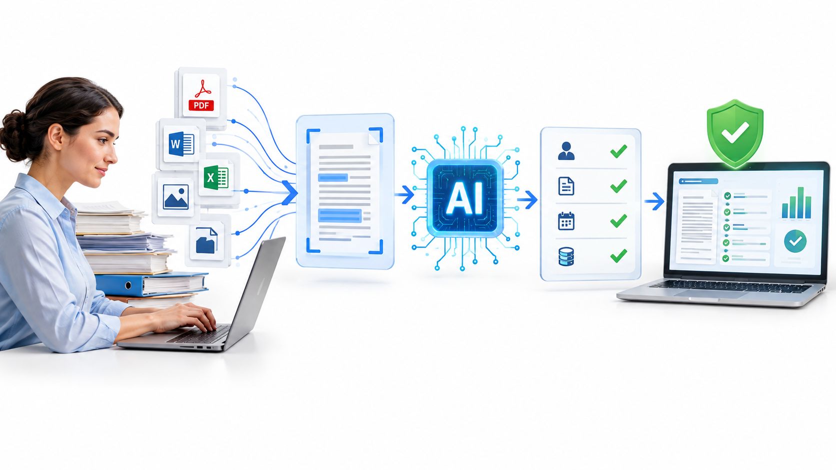 A woman using a laptop with AI technology for automated document classification and secure data processing.