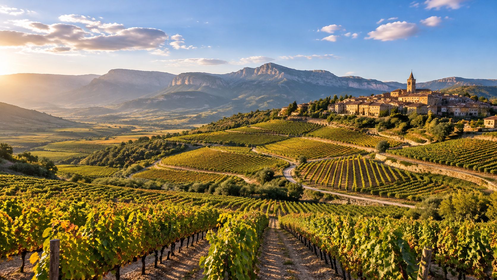 A picturesque sunlit vineyard landscape in the Basque Country featuring a charming village on a hillside.