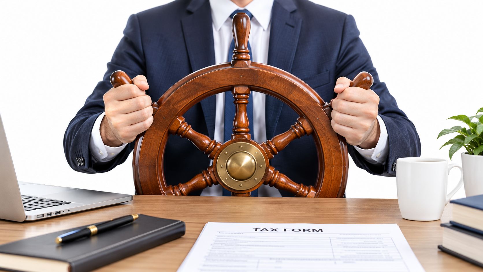 Un hombre de negocios con traje sostiene un timón de barco detrás de un escritorio con documentos fiscales.