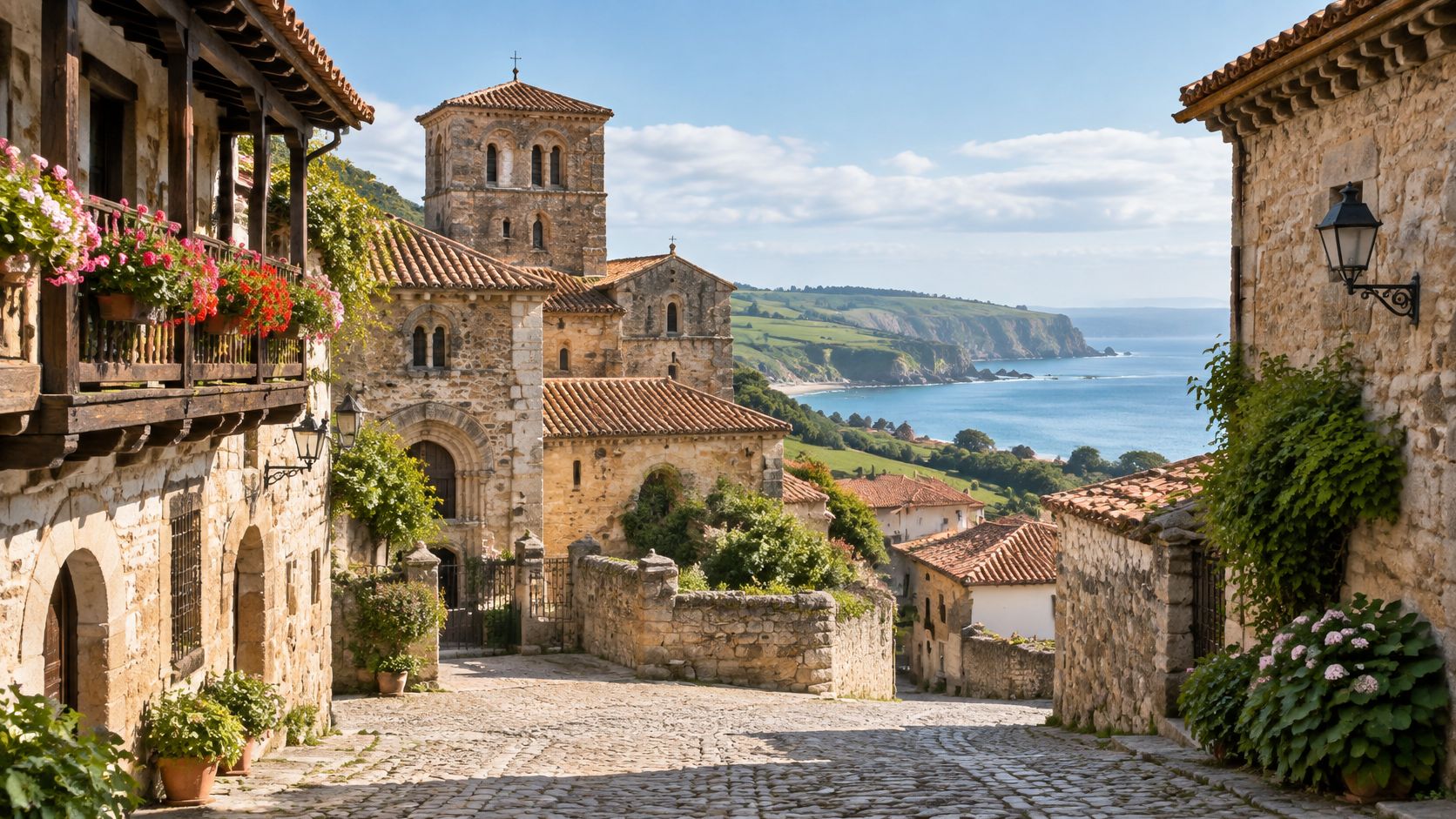 A picturesque cobblestone street leading to a historic stone church overlooking the ocean in a coastal village.