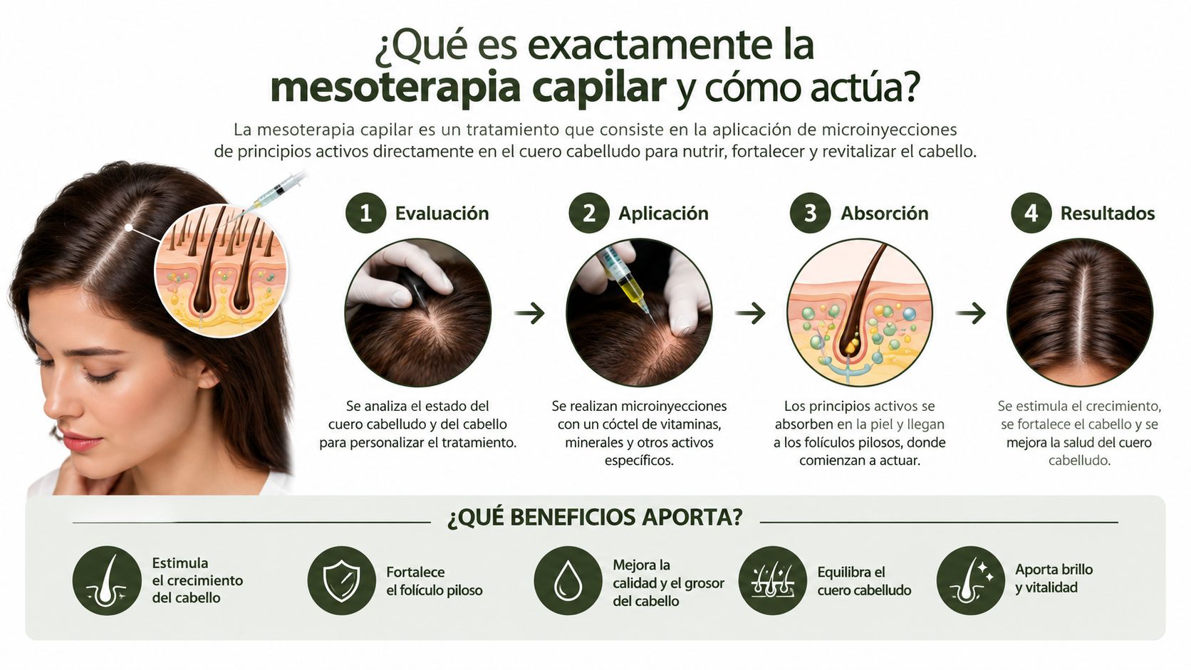 Infografía sobre el proceso y beneficios de la mesoterapia capilar para fortalecer y revitalizar el cabello.