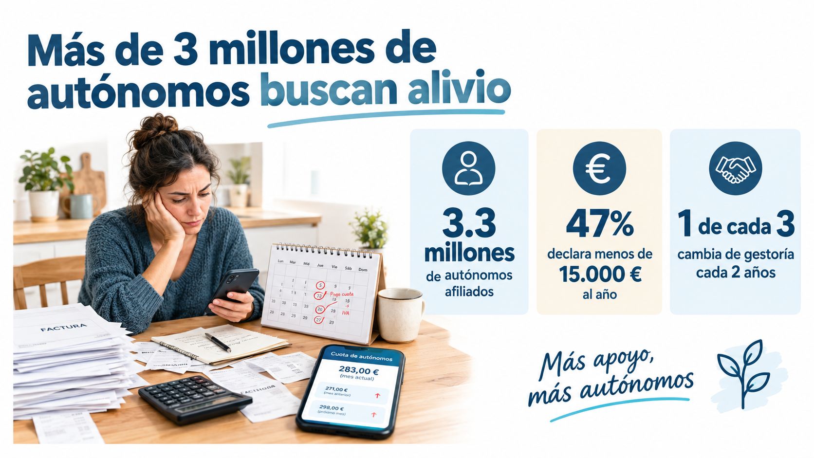 Una mujer preocupada revisando facturas y su cuota de autónomos frente a un calendario con fechas marcadas.