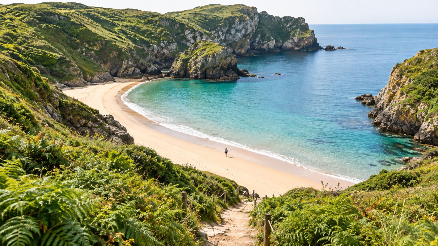 A scenic view of a secluded sandy beach surrounded by green cliffs in the Basque Country, Spain.