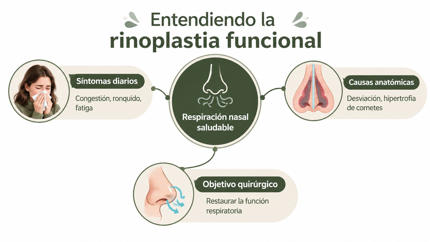 Infografía sobre la rinoplastia funcional, detallando sus síntomas, causas anatómicas y el objetivo de la cirugía.
