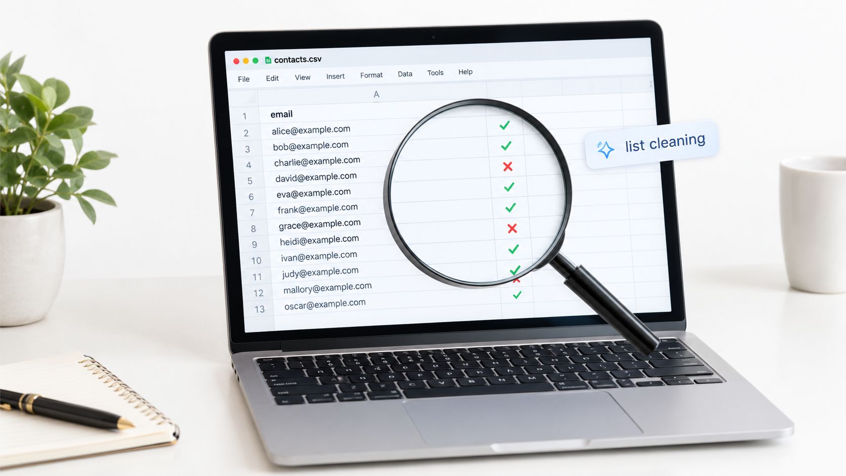 A laptop screen displaying an email contact list being analyzed by a magnifying glass for data cleaning.
