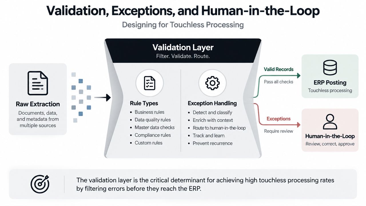 A diagram illustrating a business data validation layer for automated invoice processing and human intervention workflows.