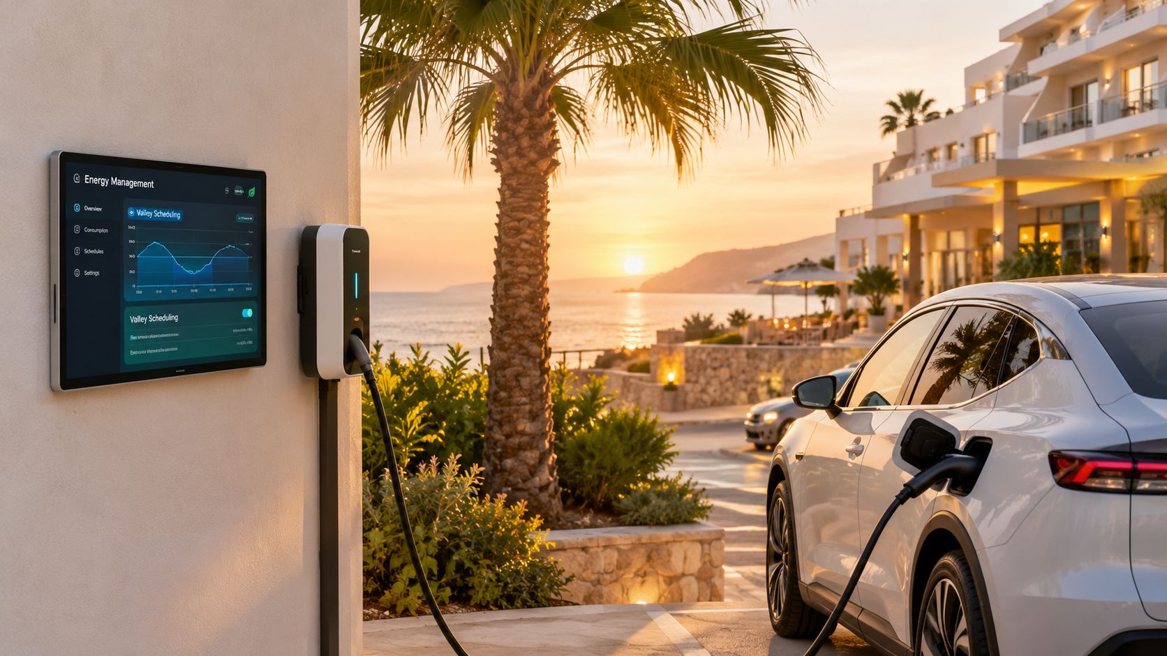 Estación de carga para coche eléctrico con panel de gestión energética al atardecer frente al mar.