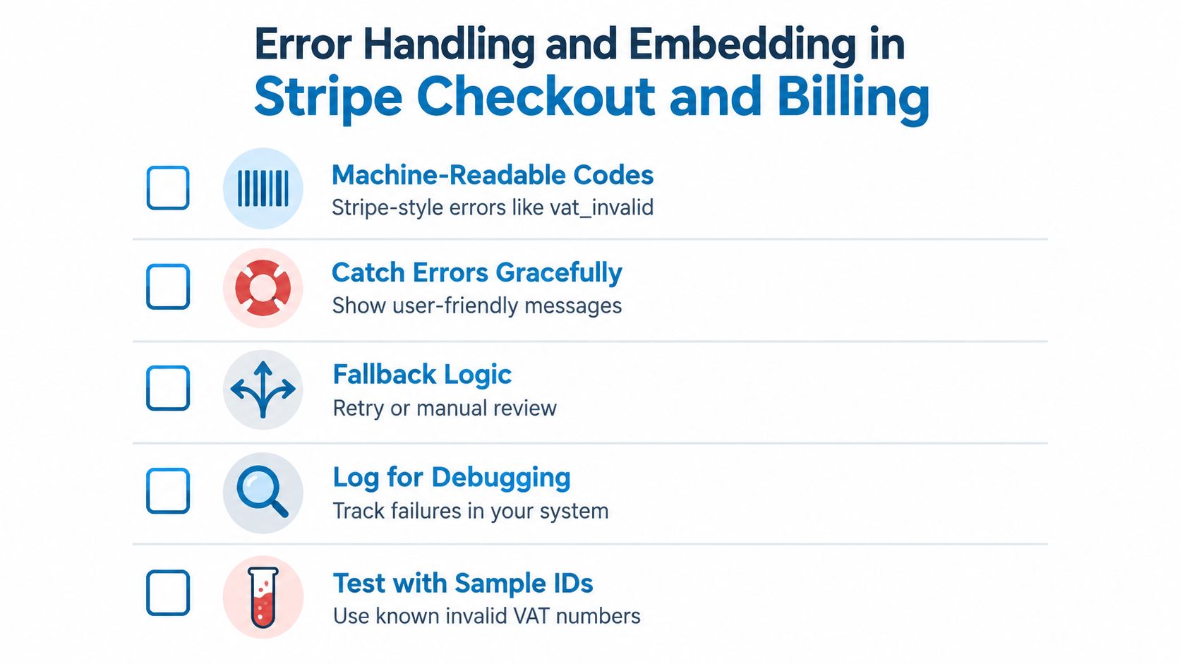 A checklist infographic detailing error handling and embedding strategies for Stripe Checkout and billing systems.