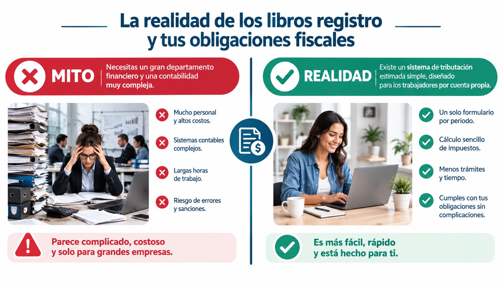 Comparativa entre los mitos de la contabilidad compleja y la realidad simplificada para trabajadores autónomos.