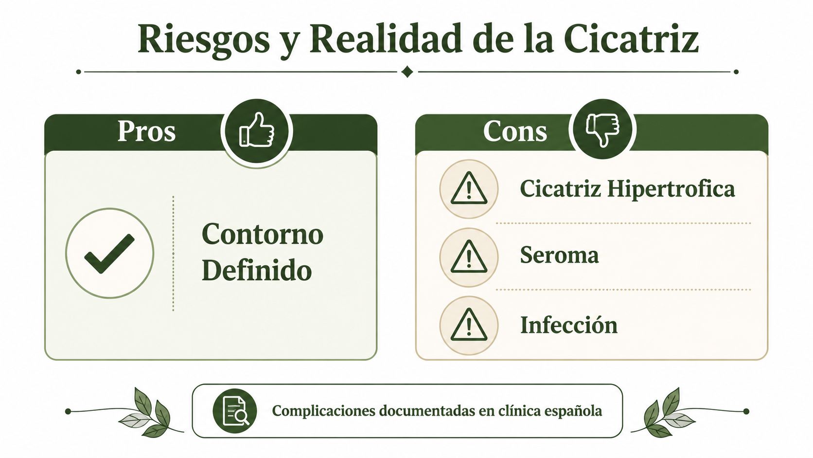 Infografía que muestra los pros y los contras de las cicatrices tras un procedimiento de cirugía estética.