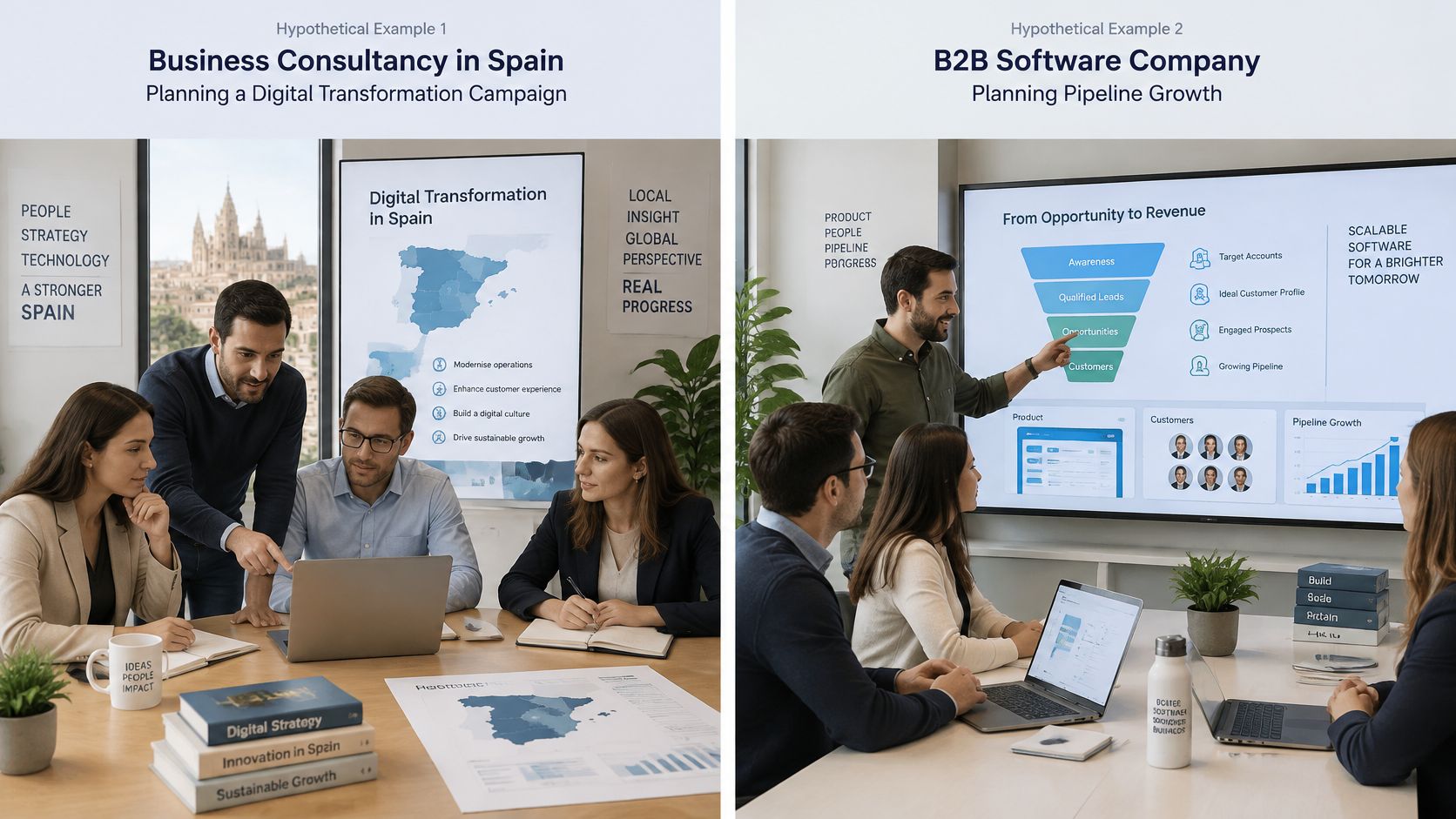A split image showing professional teams in office meetings discussing digital transformation and B2B pipeline growth strategies.