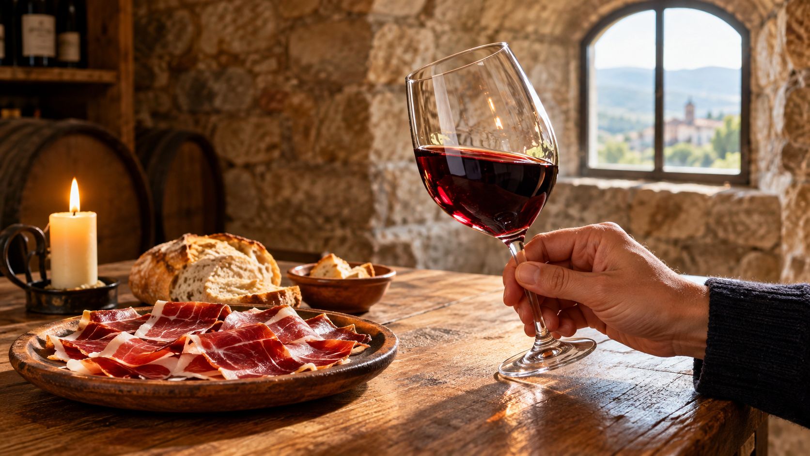 A close-up view of a hand holding a glass of red wine beside a plate of delicious Iberian ham.