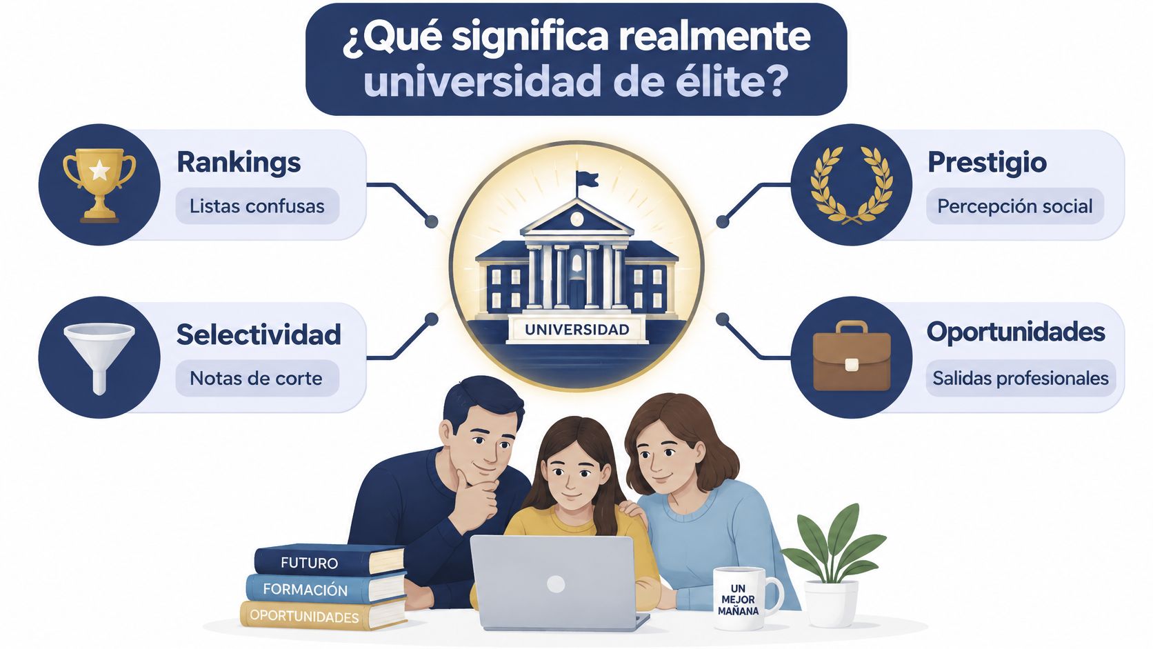 Infografía sobre los factores clave que definen a una universidad de élite para estudiantes y familias.