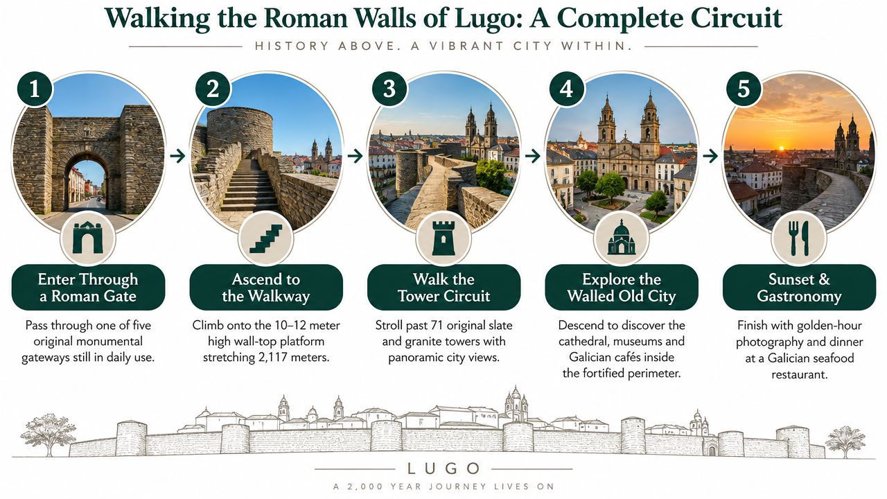 An infographic detailing five steps to experience the historic Roman walls of Lugo, Northern Spain.
