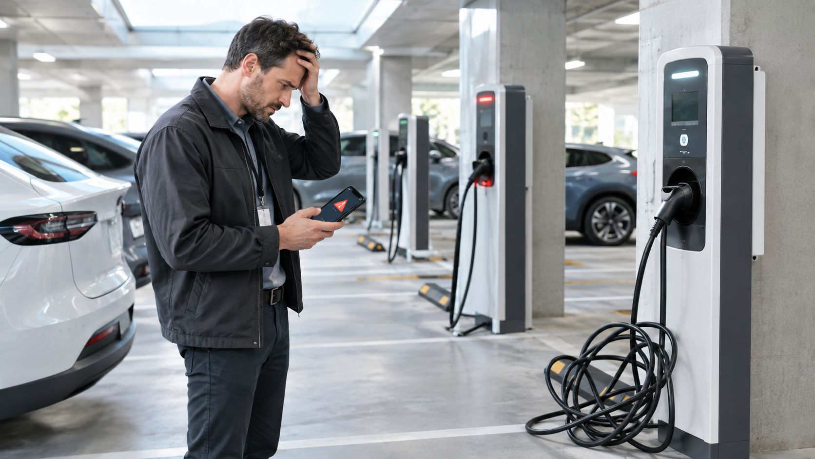 Un hombre estresado mirando un error de carga en su teléfono móvil junto a cargadores de coches eléctricos.
