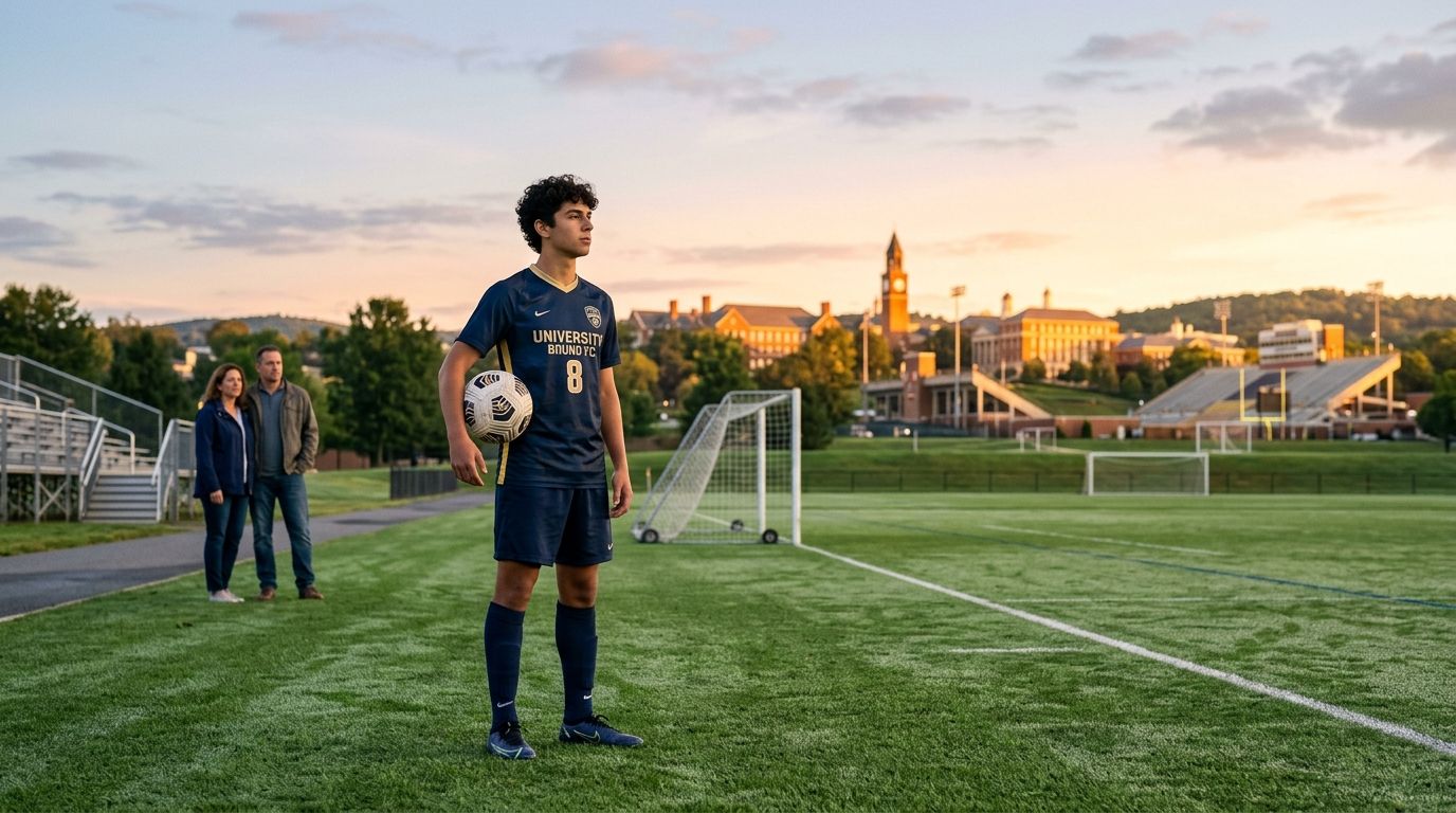 Joven futbolista con balón junto a sus padres en una cancha universitaria durante el atardecer.