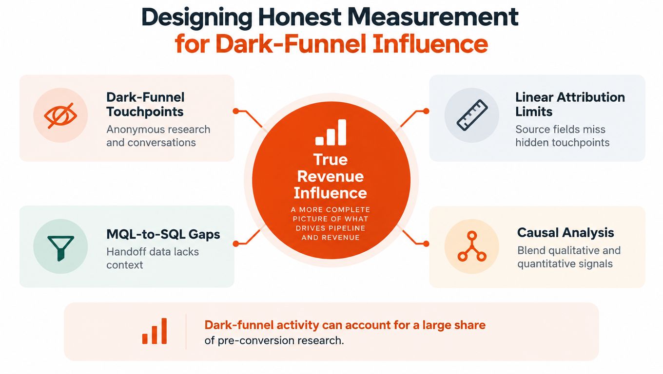 An infographic showing the four key components for designing honest measurement in dark-funnel B2B marketing attribution.