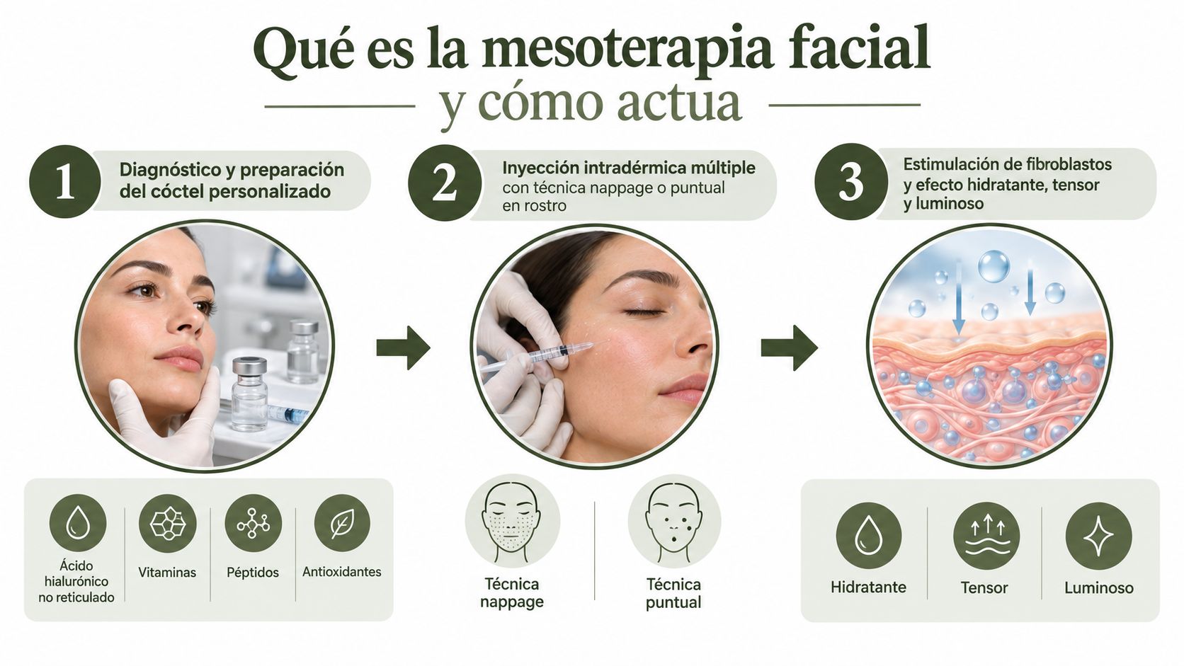 Infografía sobre los tres pasos del procedimiento de mesoterapia facial, mostrando aplicación y beneficios para la piel.
