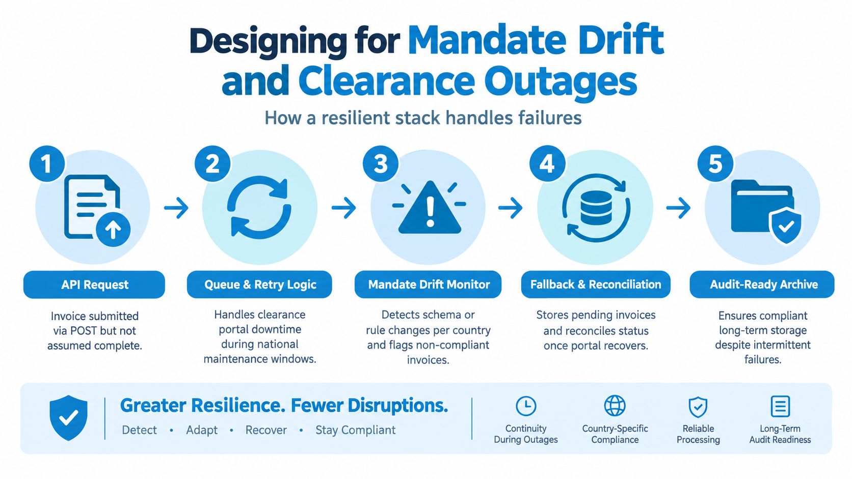 A five-step flowchart illustrating how a resilient e-invoicing API architecture handles mandate drift and clearance outages.