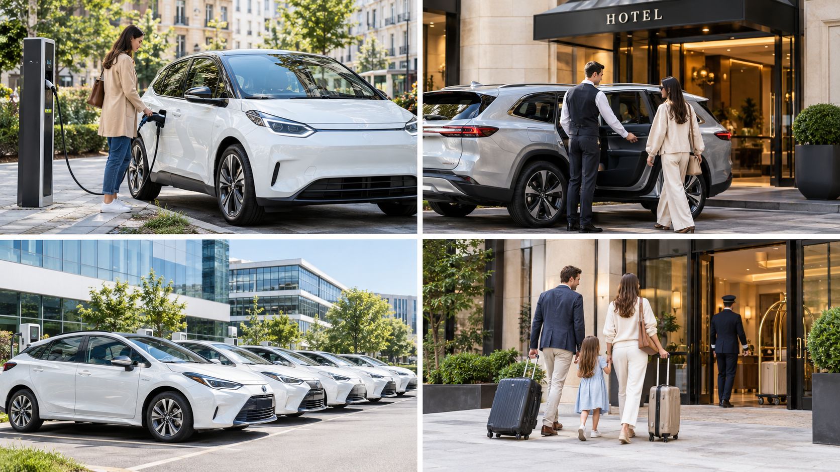 Una composición de cuatro imágenes que muestra coches eléctricos e híbridos en diferentes entornos urbanos y hoteleros.
