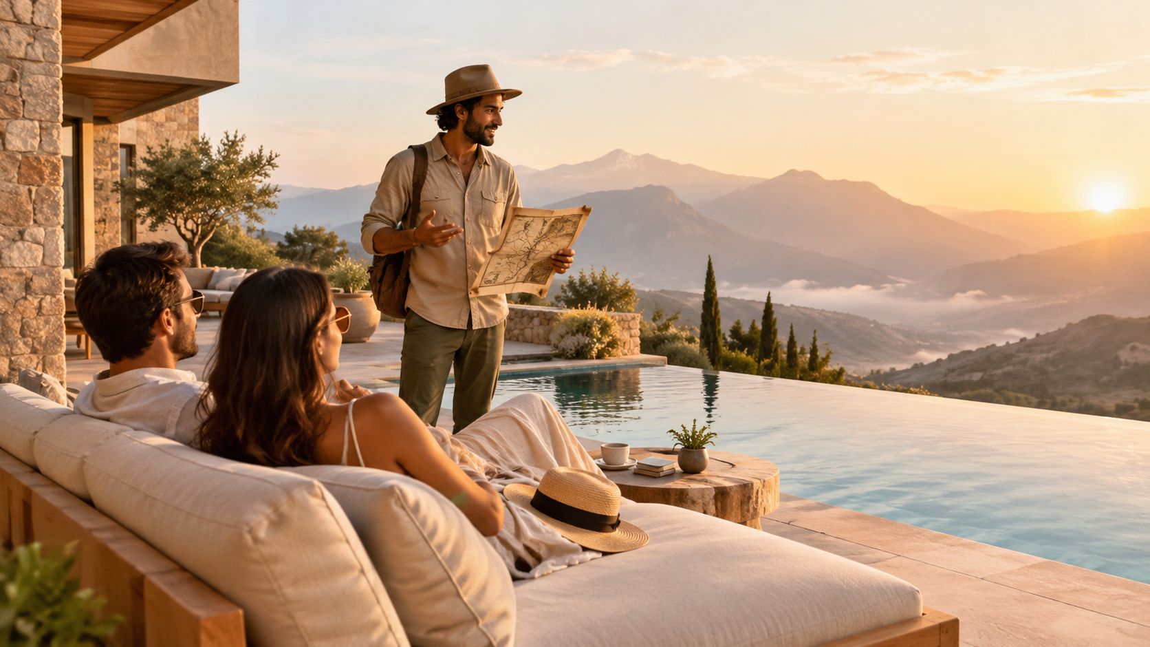 A couple sits on a poolside lounge chair while a tour guide reviews a map at sunset.